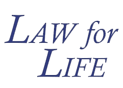 Logo with the phrase 'Law for Life' in a stylized font on a blue background.
