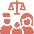 Icon of a family under a justice scale symbol.