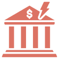 Icon of a bank with a lightning bolt and dollar sign.