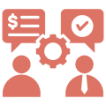 Two people discussing financial matters with a gear symbolizing process or collaboration.