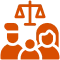 Orange icon of three people connected by lines representing a network.